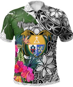 Nauru Polo Shirt White - Turtle Plumeria Banana Leaf Crest