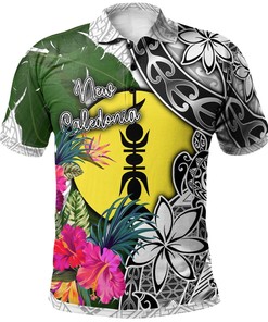 New Caledonia Polo Shirt White - Turtle Plumeria Banana Leaf