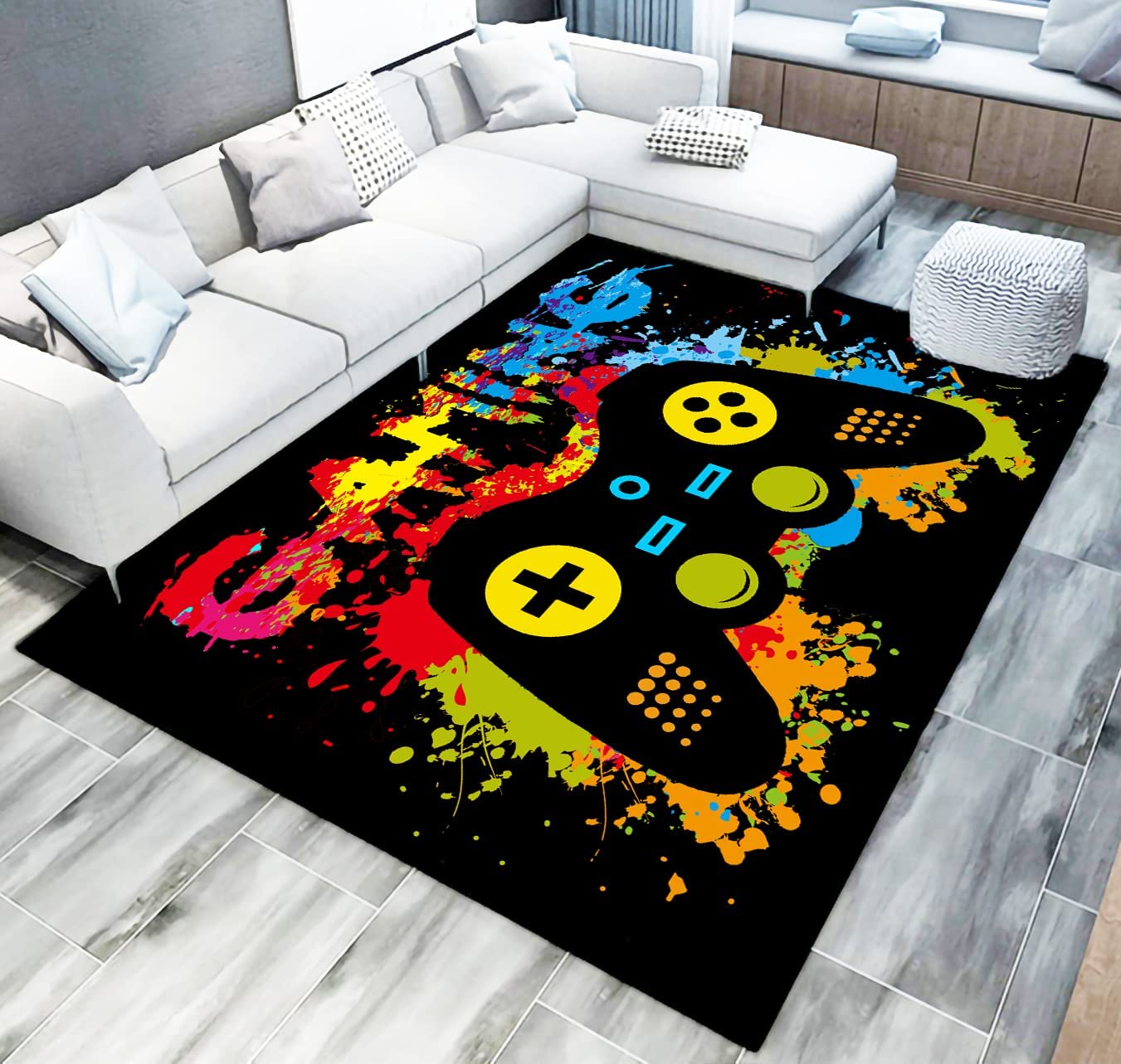 Non-Slip Gamer Carpets for Living Room Bedroom with Gamepad Controller and Modern Area Rugs Design