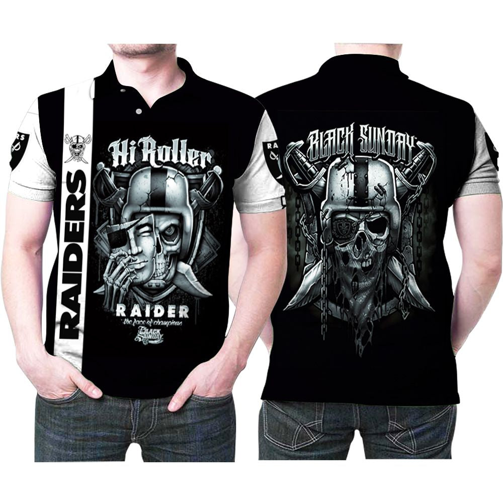 Oakland Raiders Hi Roller Skull Black Sunday Face Of Champions 3D Printed Gift For Oakland Raiders Fan Polo Shirt