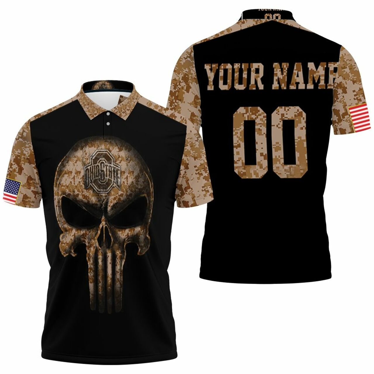 Ohio State Buckeyes Skull 3D With Camourflage Sleeves Personalized Polo Shirt