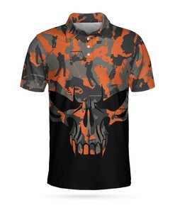 Orange Camouflage Skull Golf 3D All Over Printed Polo Shirt