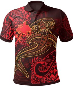 Papua New Guinea Polo Shirt - Red Shark Polynesian Tattoo