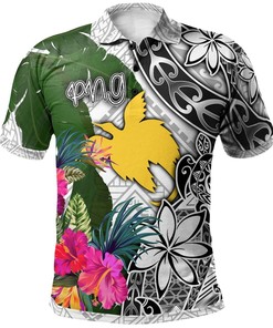Papua New Guinea Polo Shirt White - Turtle Plumeria Banana Leaf