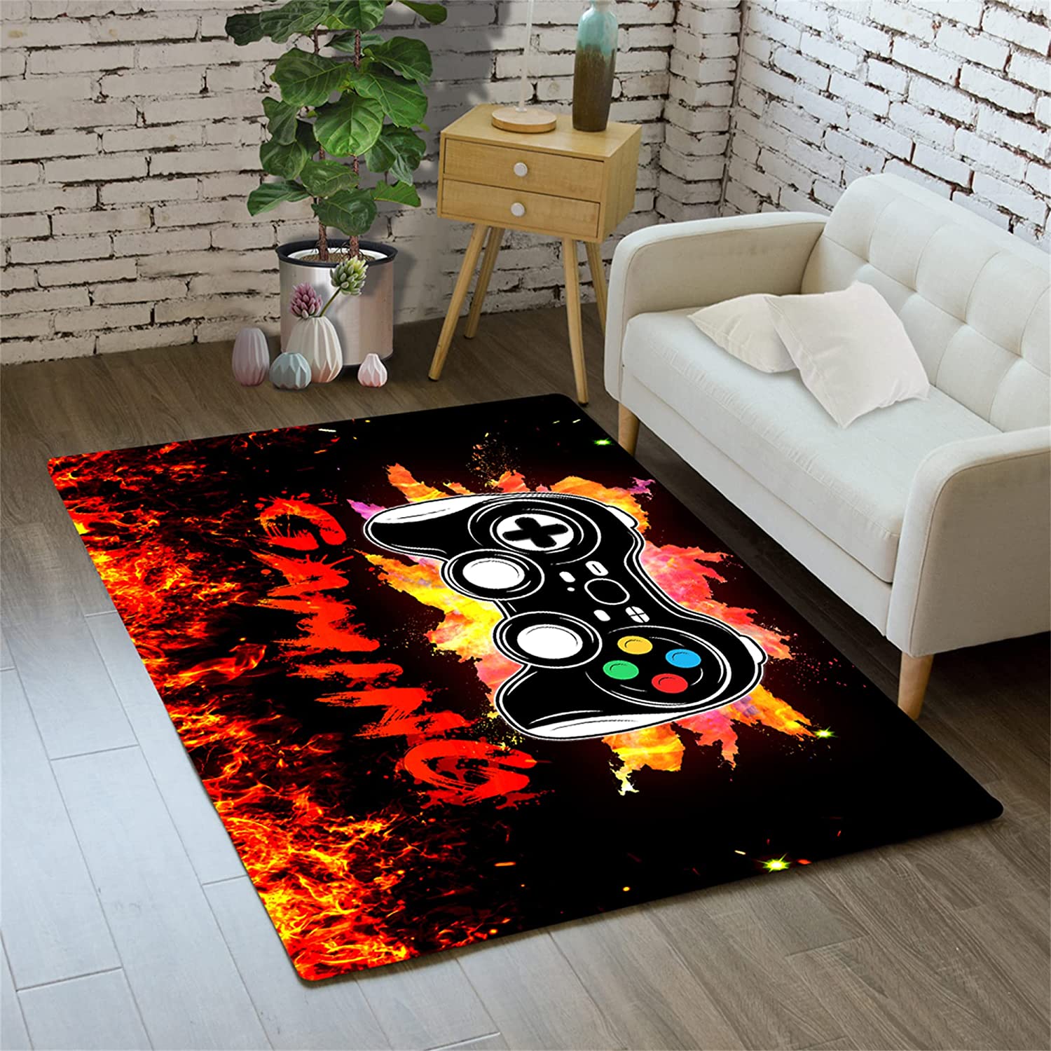 Passion Flame Game Rug - Personalized Video Controller Gamer Area Rug for Boys' Room Decor, Entry Rug Floor Carpet
