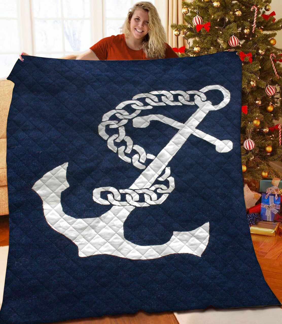 Personalized Anchor Quilt Bedding Set for Nautical Bedroom Decoration, Gifts for Family