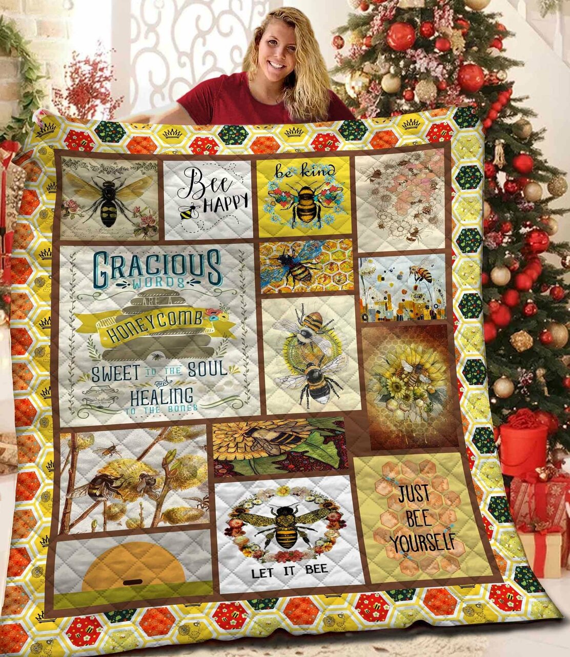 Personalized Bee Kind Quilt Bedding Set for Bedroom Decoration and Family Gifts