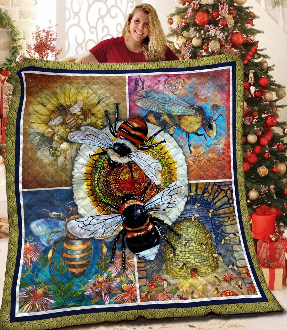 Personalized Bee Quilt Bedding Set for Bedroom Decor and Family Gifts