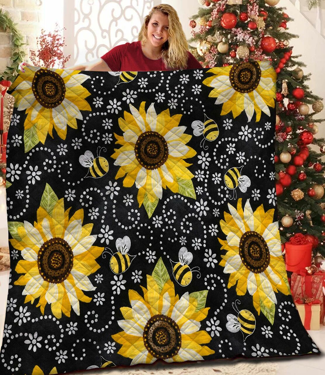 Personalized Bee and Sunflower Quilt Bedding Set for Home Decoration and Picnic - Great Gifts for Family