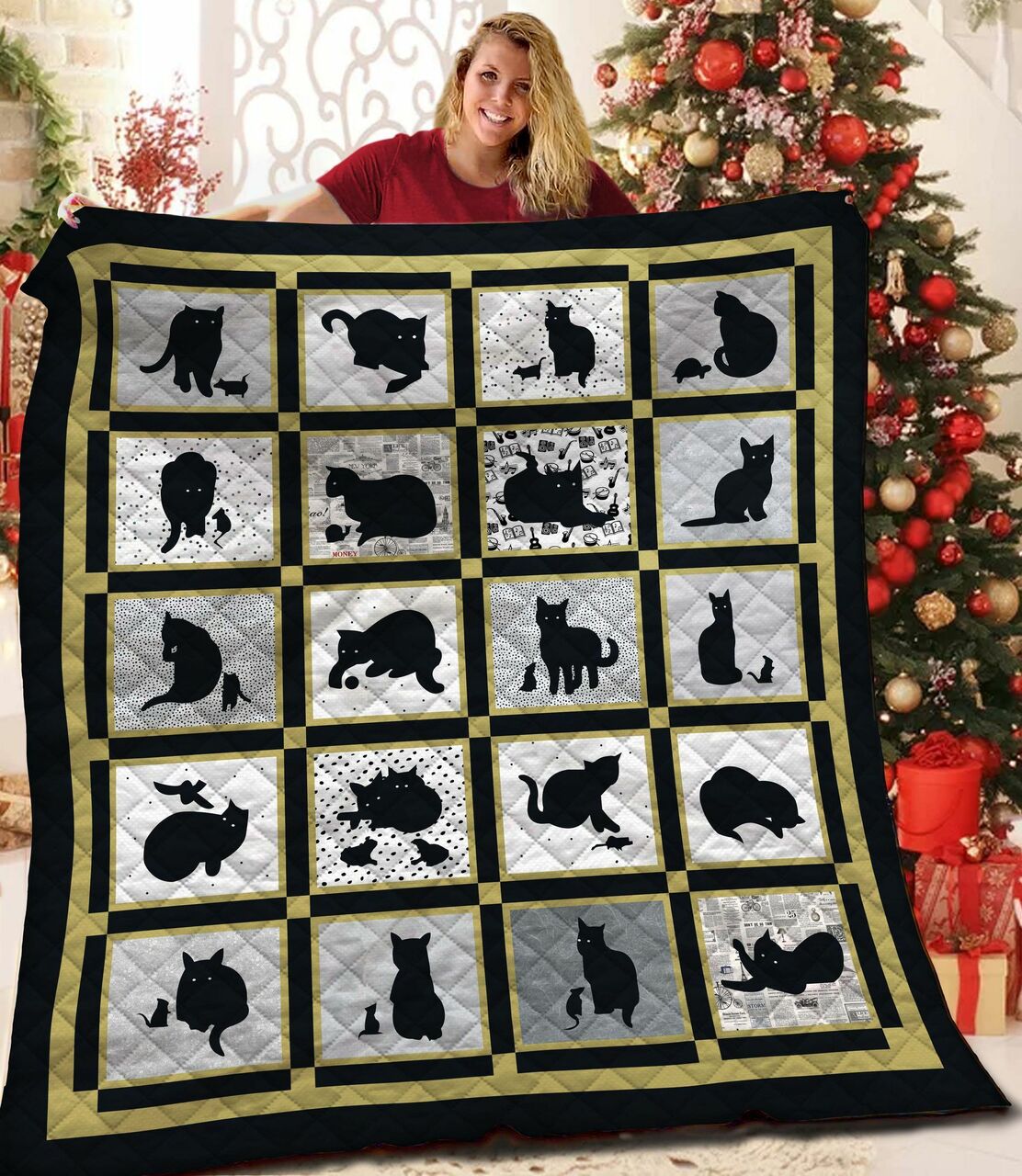 Personalized Black Cat Quilt Bedding Set Great for Bedroom Decoration and Family Gifts