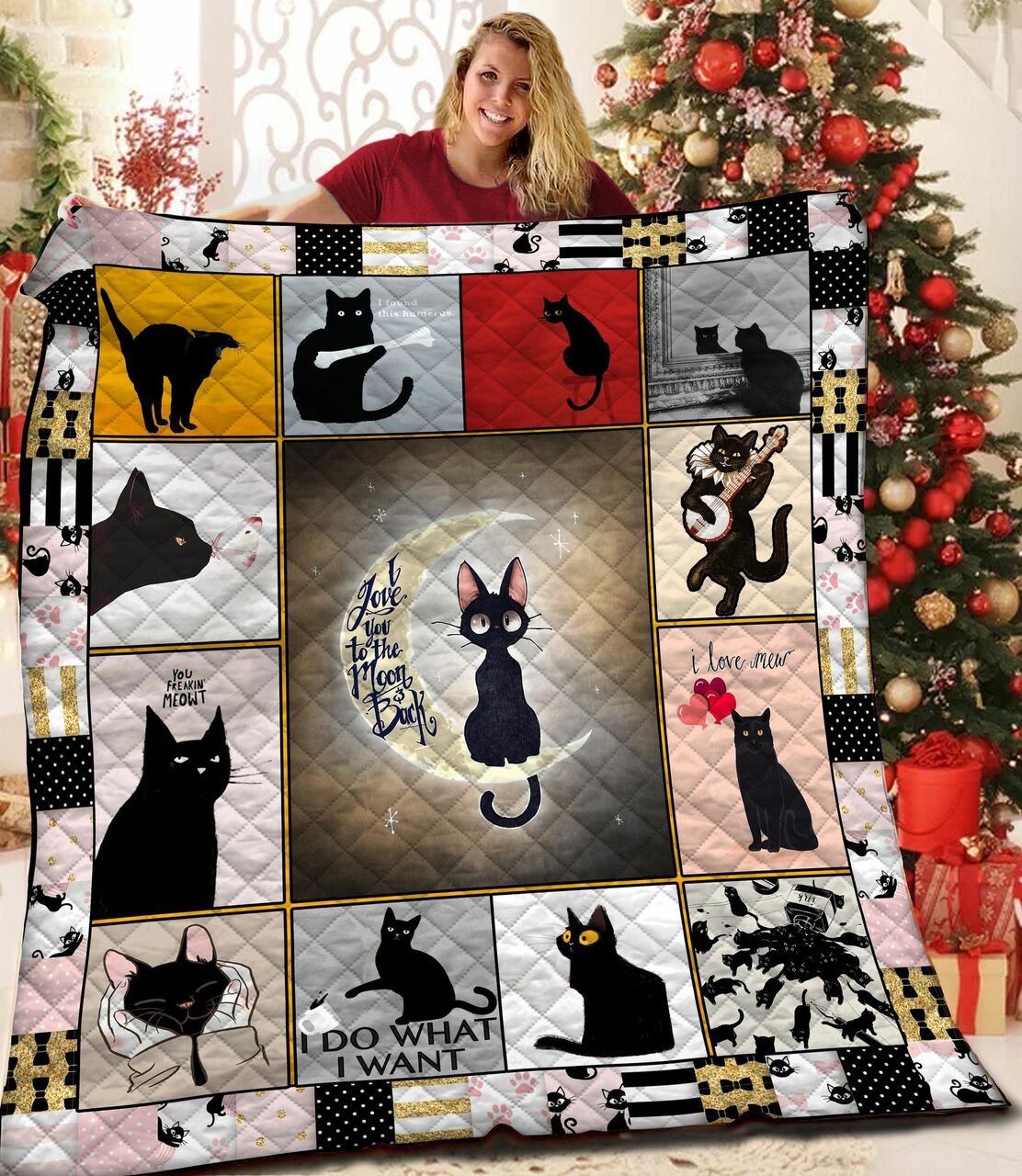 Personalized Black Cat Quilt Bedding Set - Great for Bedroom Decoration and Family Gifts