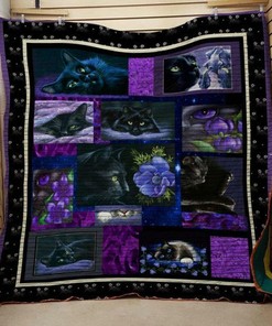 Personalized Blue Violet Flower And Cat Quilt Blanket Bedding Set for Home Decoration