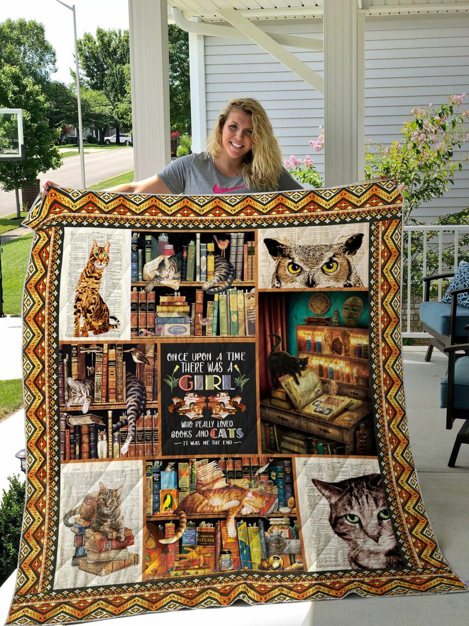Personalized Books and Cats Quilt Bedding Set for Picnics and Family Gifts