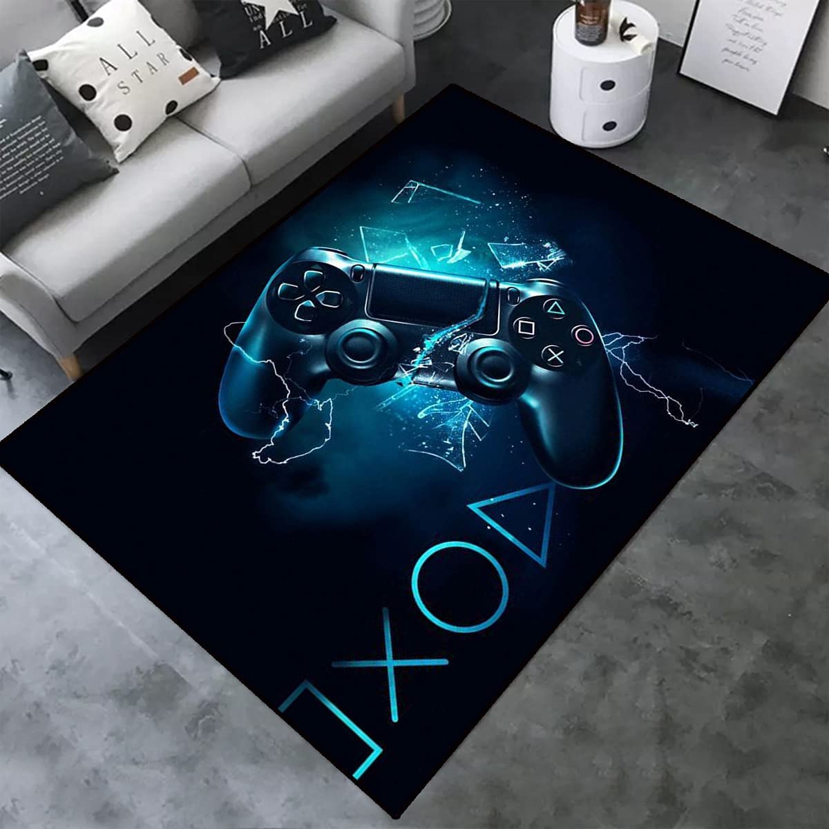 Personalized Boys Bright Blue Gaming Area Rug, Cartoon Floor Mat, Gamer Carpet for Bedroom, Area Rugs