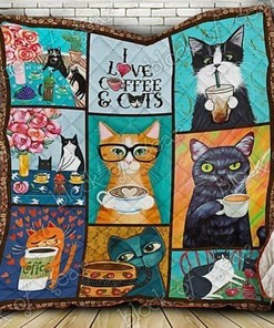 Personalized Cats and Coffee Quilt Bedding Set for Home Decoration and Family Gifts