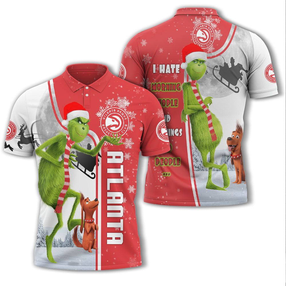 Personalized Funny Christmas The Grinch Atlanta Hawks NBA I Hate Morning People Shirt Gifts Unisex 3D Polo