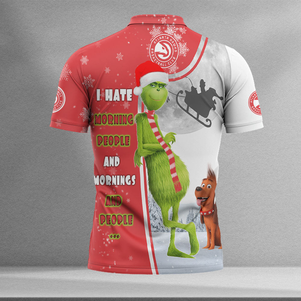 Personalized Funny Christmas The Grinch Atlanta Hawks NBA I Hate Morning People Shirt Gifts Unisex 3D Polo - Image 2