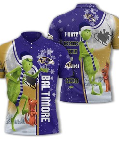 Personalized Funny Christmas The Grinch Baltimore Ravens NFL I Hate Morning People Shirt Gifts Unisex 3D Polo