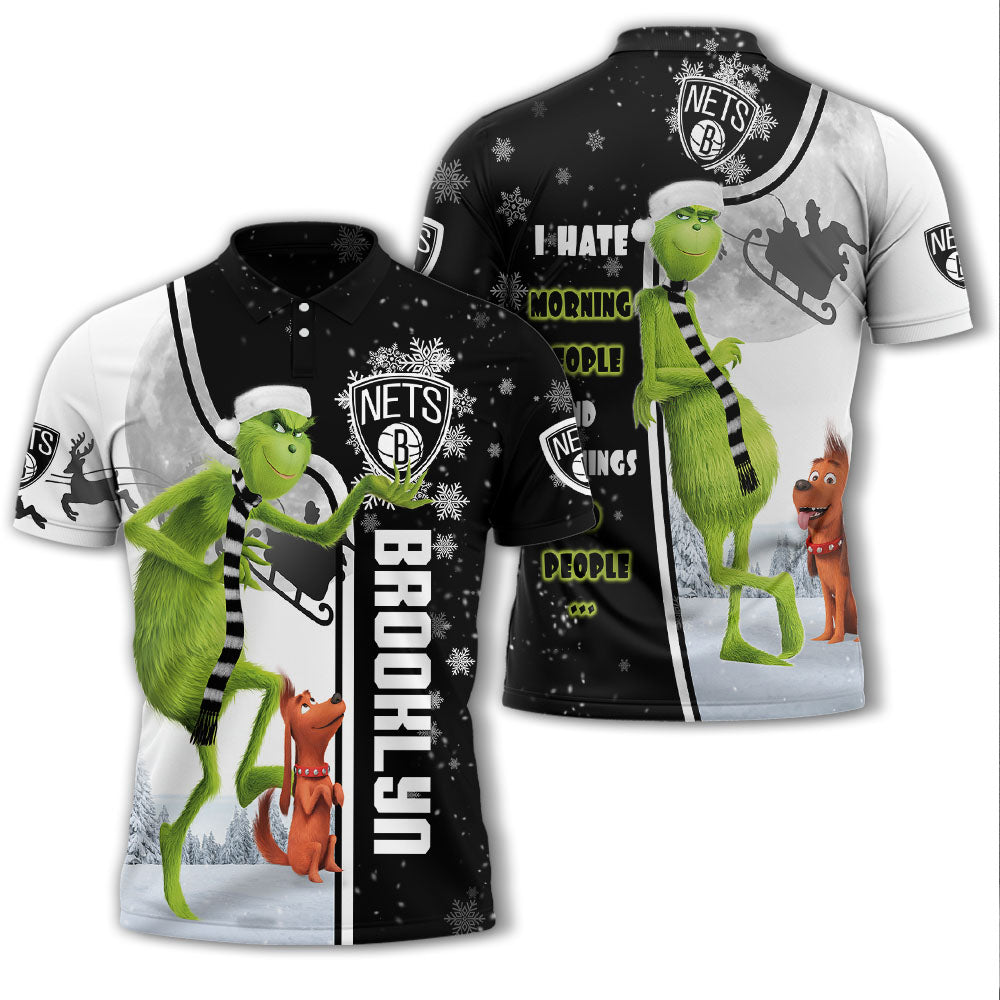Personalized Funny Christmas The Grinch Brooklyn Nets NBA I Hate Morning People Shirt Gifts Unisex 3D Polo