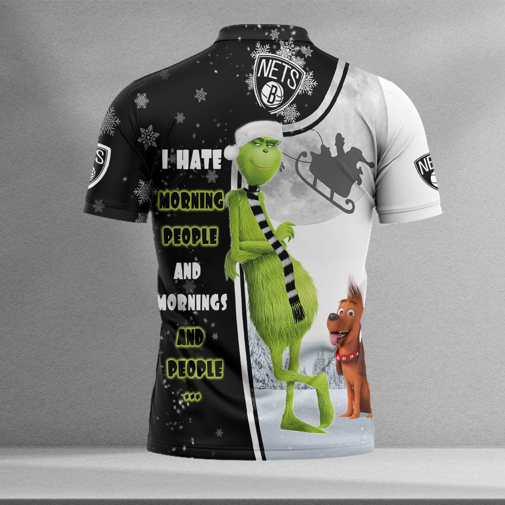 Personalized Funny Christmas The Grinch Brooklyn Nets NBA I Hate Morning People Shirt Gifts Unisex 3D Polo - Image 2