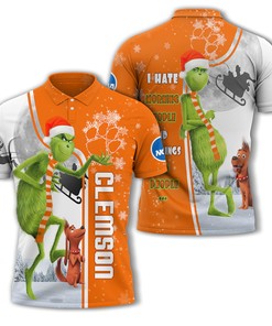 Personalized Funny Christmas The Grinch Clemson Tigers NCAA I Hate Morning People Shirt Gifts Unisex 3D Polo