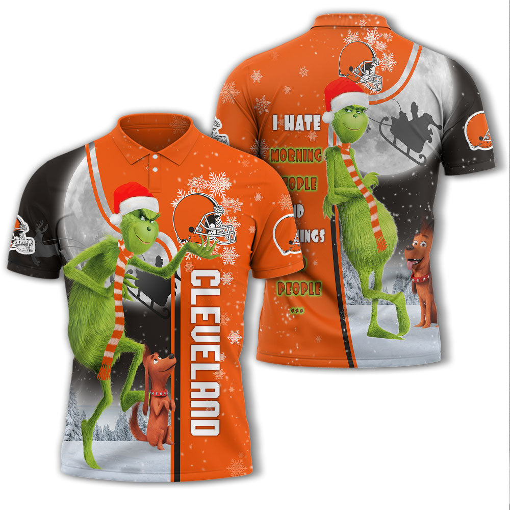 Personalized Funny Christmas The Grinch Cleveland Browns NFL I Hate Morning People Shirt Gifts Unisex 3D Polo
