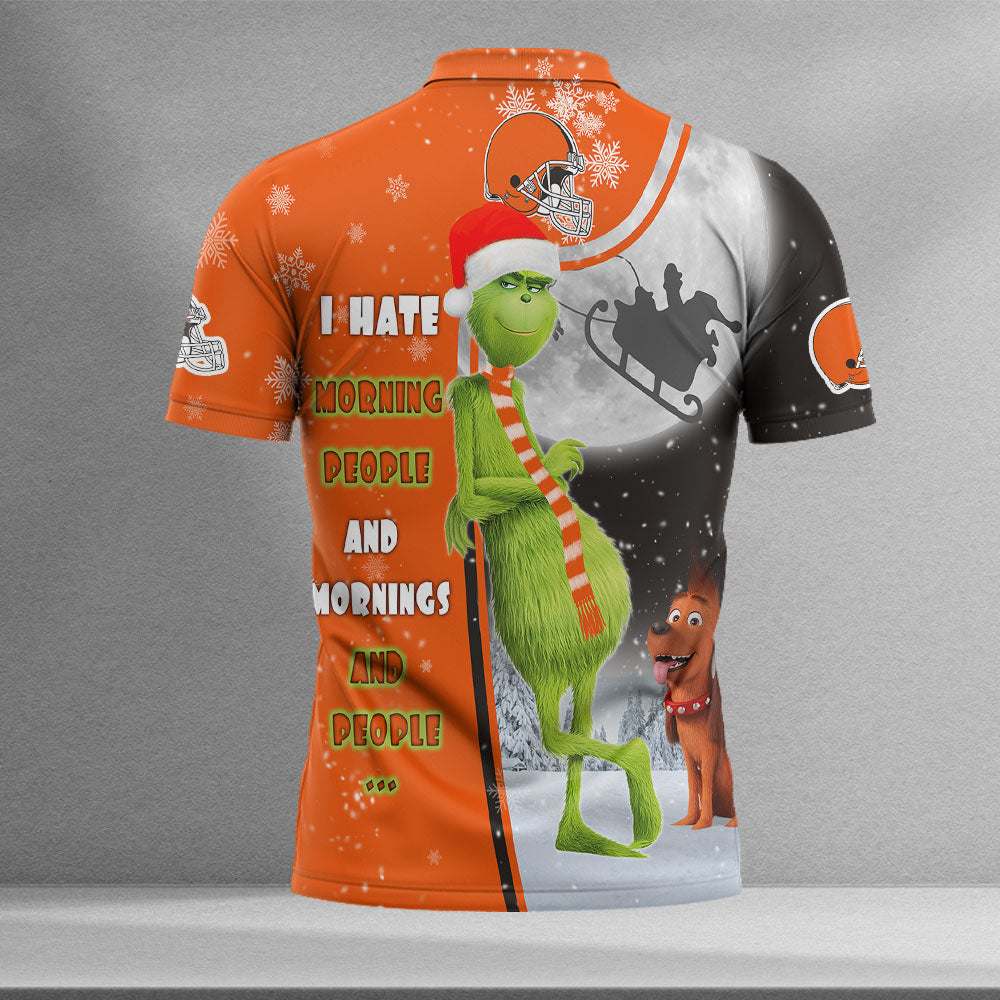 Personalized Funny Christmas The Grinch Cleveland Browns NFL I Hate Morning People Shirt Gifts Unisex 3D Polo - Image 2