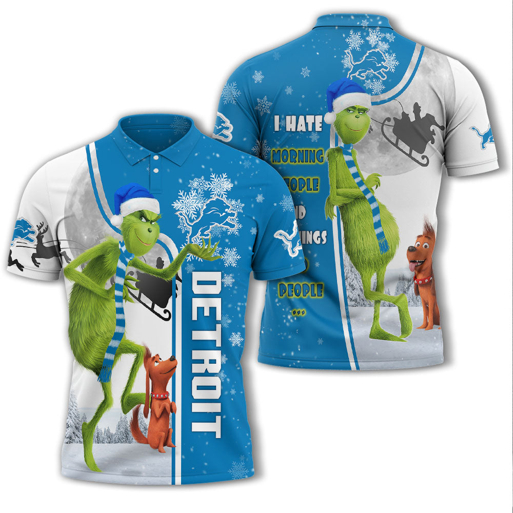 Personalized Funny Christmas The Grinch Detroit Lions NFL I Hate Morning People Shirt Gifts Unisex 3D Polo