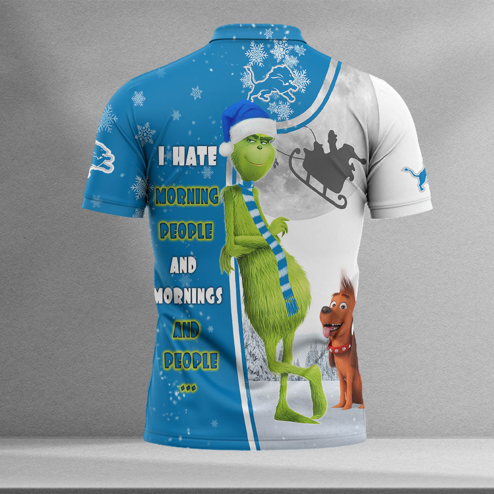Personalized Funny Christmas The Grinch Detroit Lions NFL I Hate Morning People Shirt Gifts Unisex 3D Polo - Image 2