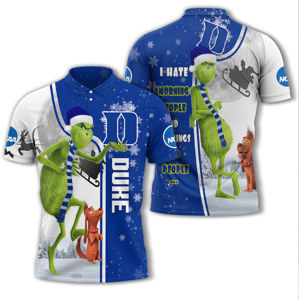 Personalized Funny Christmas The Grinch Duke Blue Devils NCAA I Hate Morning People Shirt Gifts Unisex 3D Polo