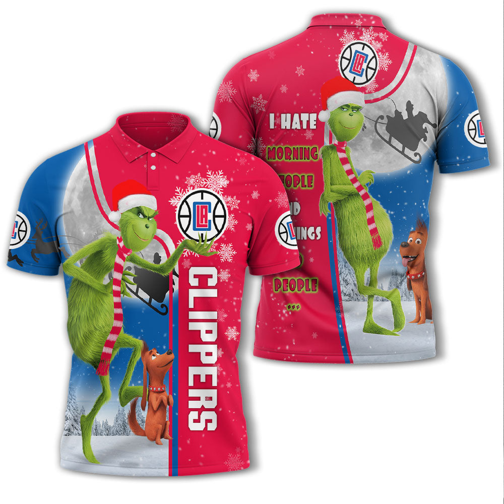 Personalized Funny Christmas The Grinch Los Angeles Clippers NBA I Hate Morning People Shirt Gifts Unisex 3D Polo