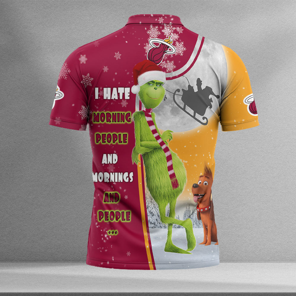 Personalized Funny Christmas The Grinch Miami Heat NBA I Hate Morning People Shirt Gifts Unisex 3D Polo - Image 2