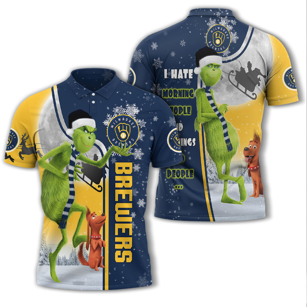 Personalized Funny Christmas The Grinch Milwaukee Brewers MLB I Hate Morning People Shirt Gifts Unisex 3D Polo