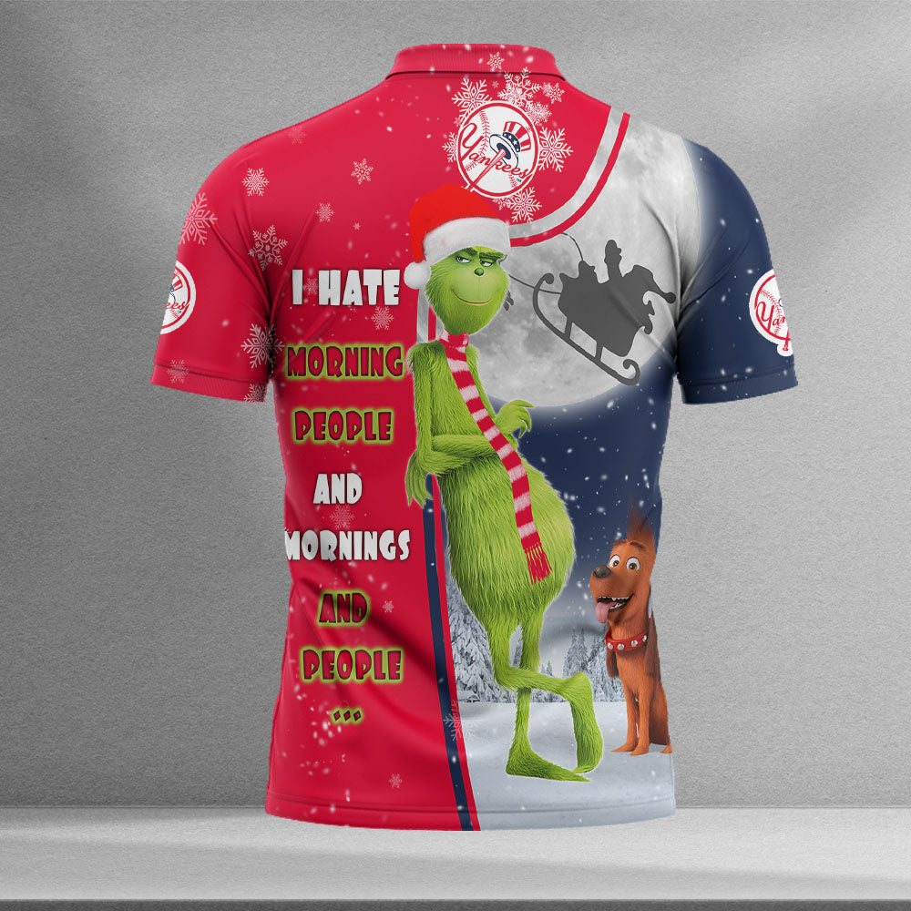 Personalized Funny Christmas The Grinch New York Yankees MLB I Hate Morning People Shirt Gifts Unisex 3D Polo - Image 2