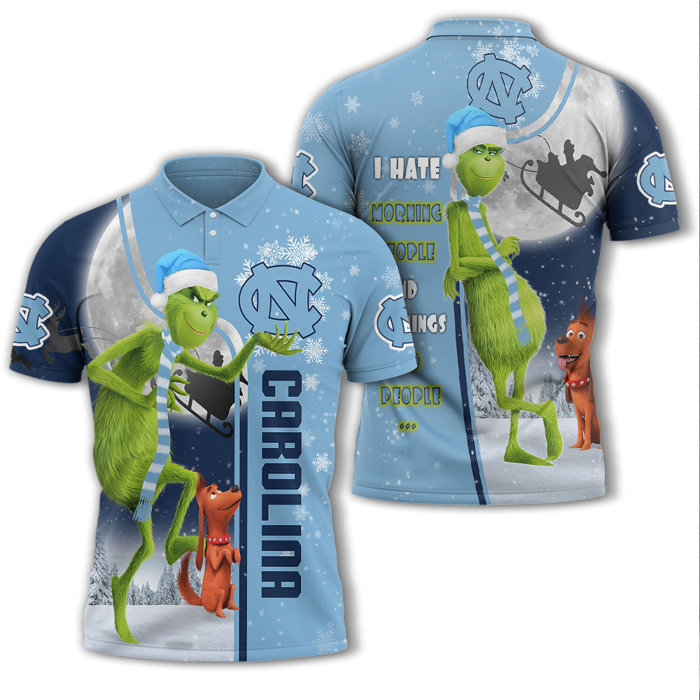 Personalized Funny Christmas The Grinch North Carolina Tar Heels NCAA I Hate Morning People Shirt Gifts Unisex 3D Polo