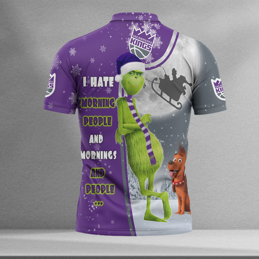 Personalized Funny Christmas The Grinch Sacramento Kings NBA I Hate Morning People Shirt Gifts Unisex 3D Polo - Image 2
