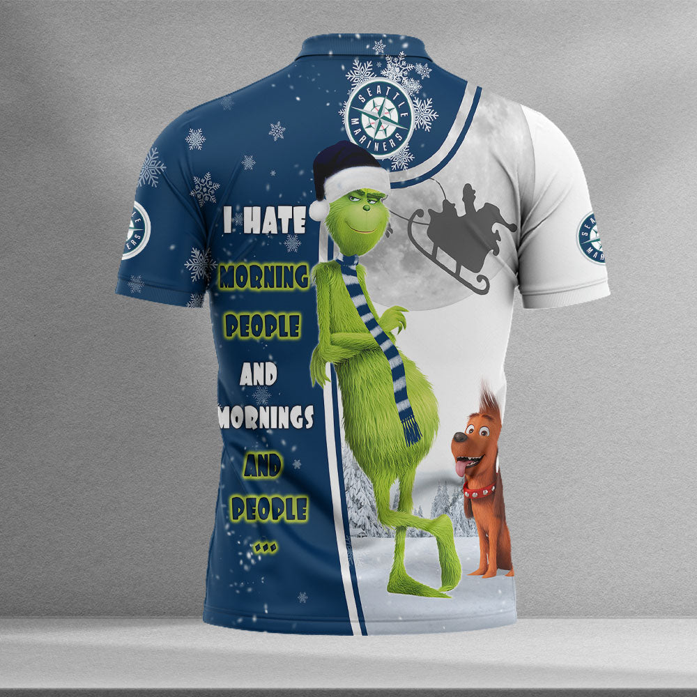 Personalized Funny Christmas The Grinch Seattle Mariners MLB I Hate Morning People Shirt Gifts Unisex 3D Polo - Image 2