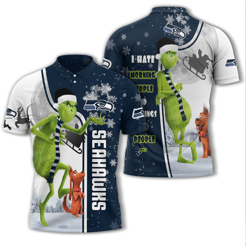 Personalized Funny Christmas The Grinch Seattle Seahawks NFL I Hate Morning People Shirt Gifts Unisex 3D Polo