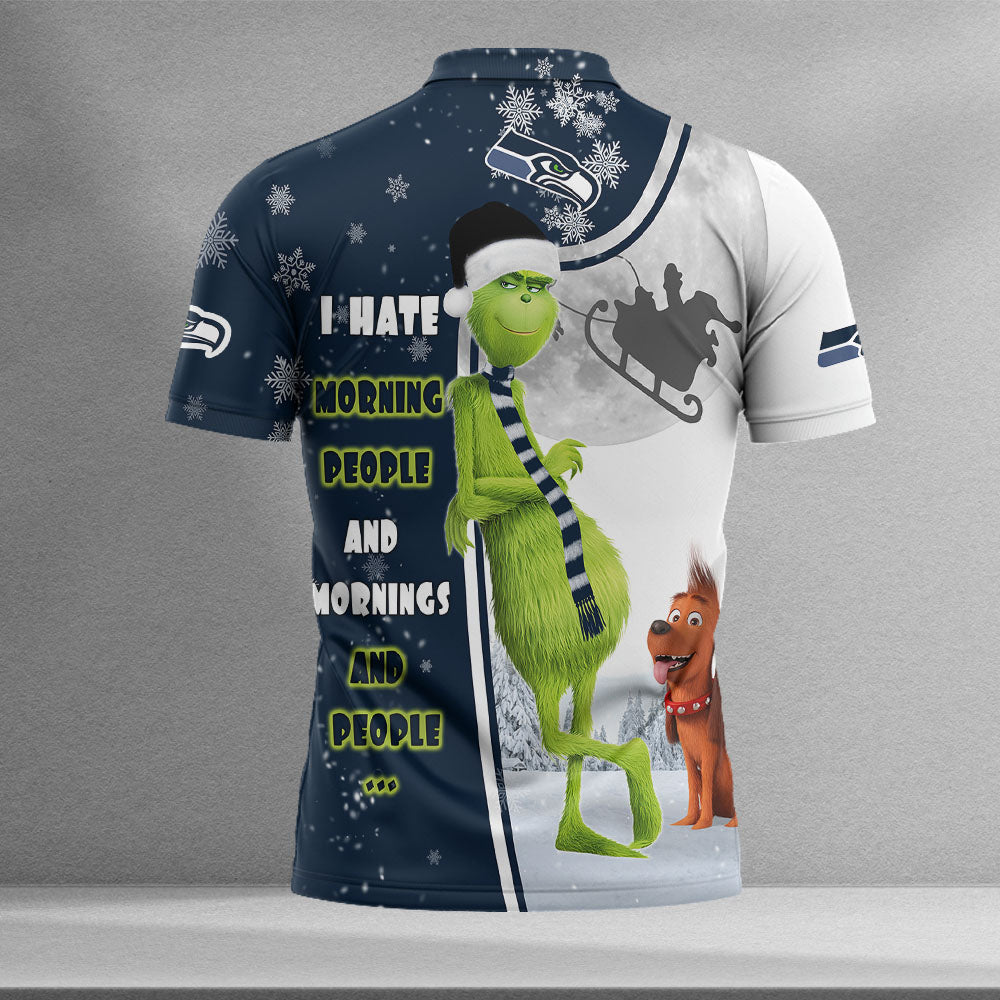 Personalized Funny Christmas The Grinch Seattle Seahawks NFL I Hate Morning People Shirt Gifts Unisex 3D Polo - Image 2