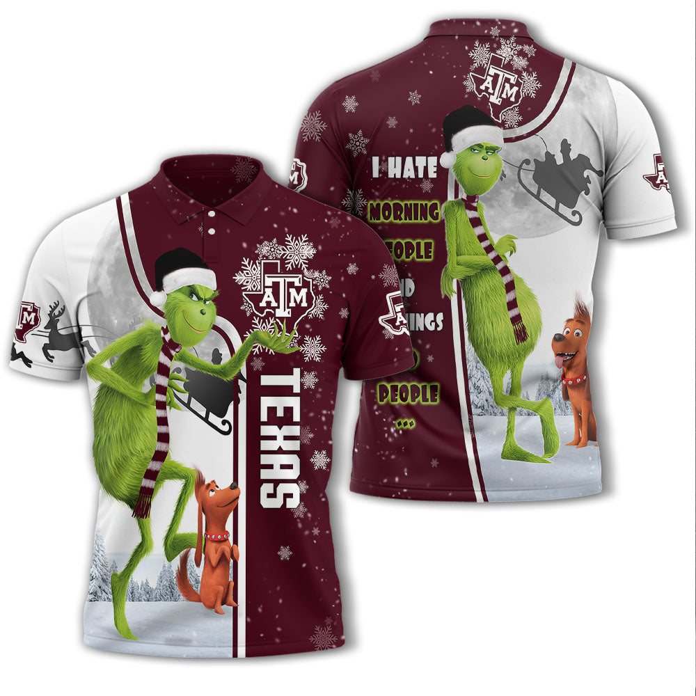 Personalized Funny Christmas The Grinch Texas AM Aggies NCAA I Hate Morning People Shirt Gifts Unisex 3D Polo