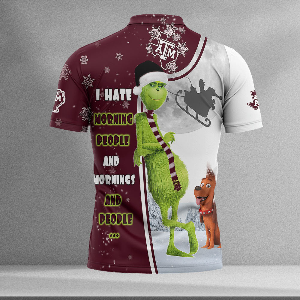 Personalized Funny Christmas The Grinch Texas AM Aggies NCAA I Hate Morning People Shirt Gifts Unisex 3D Polo - Image 2