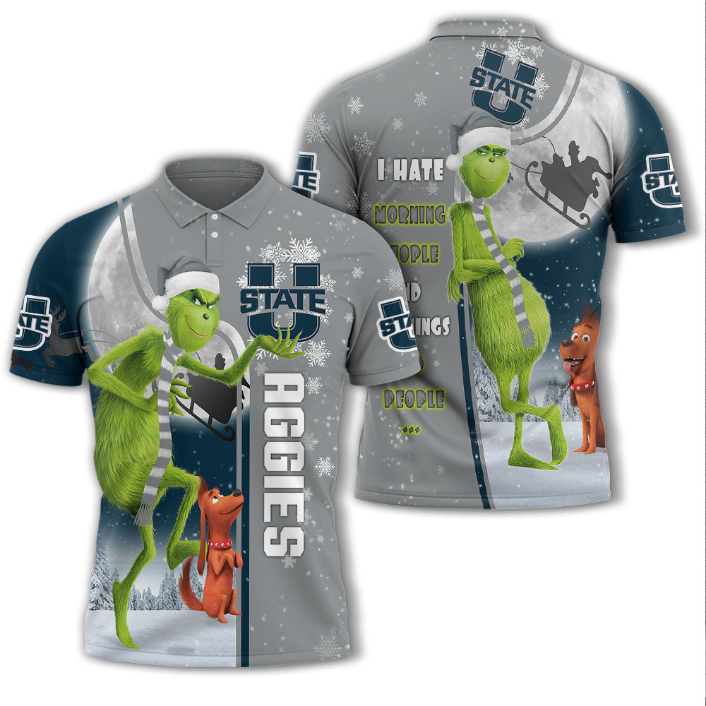 Personalized Funny Christmas The Grinch Utah State Aggies NCAA I Hate Morning People Shirt Gifts Unisex 3D Polo
