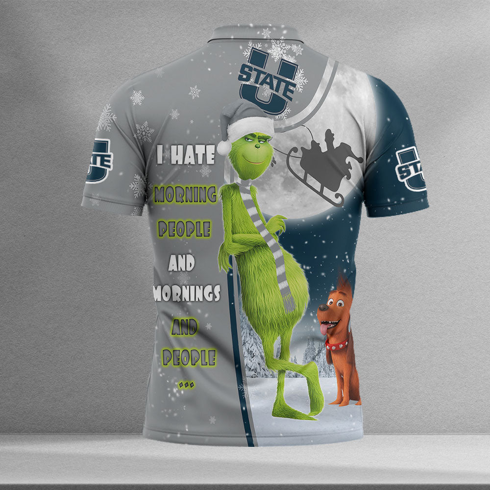 Personalized Funny Christmas The Grinch Utah State Aggies NCAA I Hate Morning People Shirt Gifts Unisex 3D Polo - Image 2