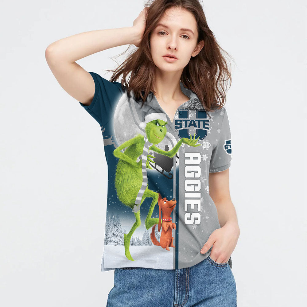Personalized Funny Christmas The Grinch Utah State Aggies NCAA I Hate Morning People Shirt Gifts Unisex 3D Polo - Image 3