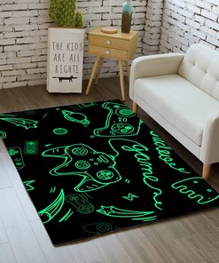 Personalized Gamer Area Rug for Home Decoration with Green Hand-Drawn Gamepad, Planet and Stars