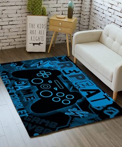 Personalized Gamer Rugs - Black and Blue Outdoor Carpet with Video Game Level Up Floor Rugs and Gaming Decor