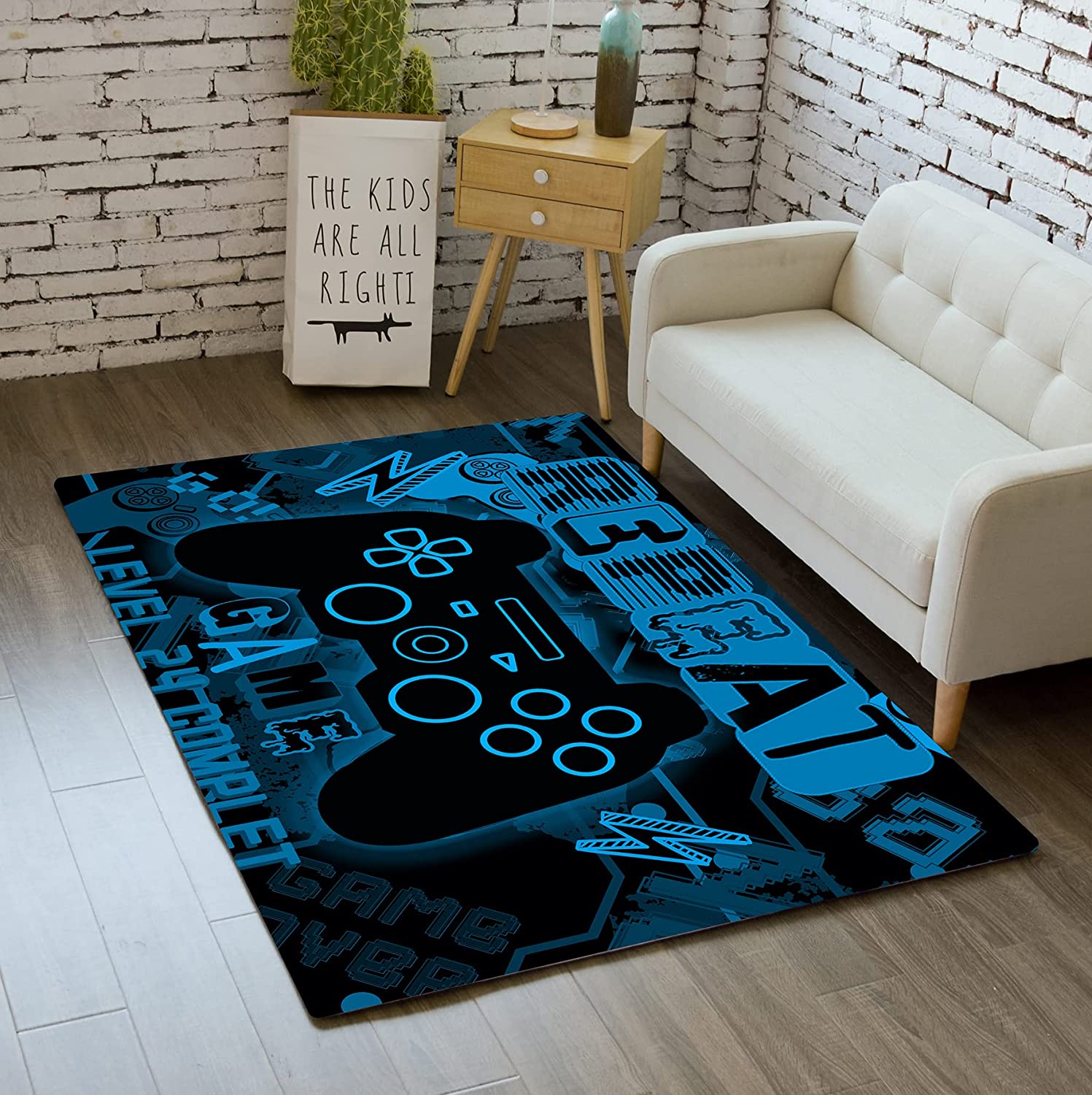 Personalized Gamer Rugs - Black and Blue Outdoor Carpet with Video Game Level Up Floor Rugs and Gaming Decor