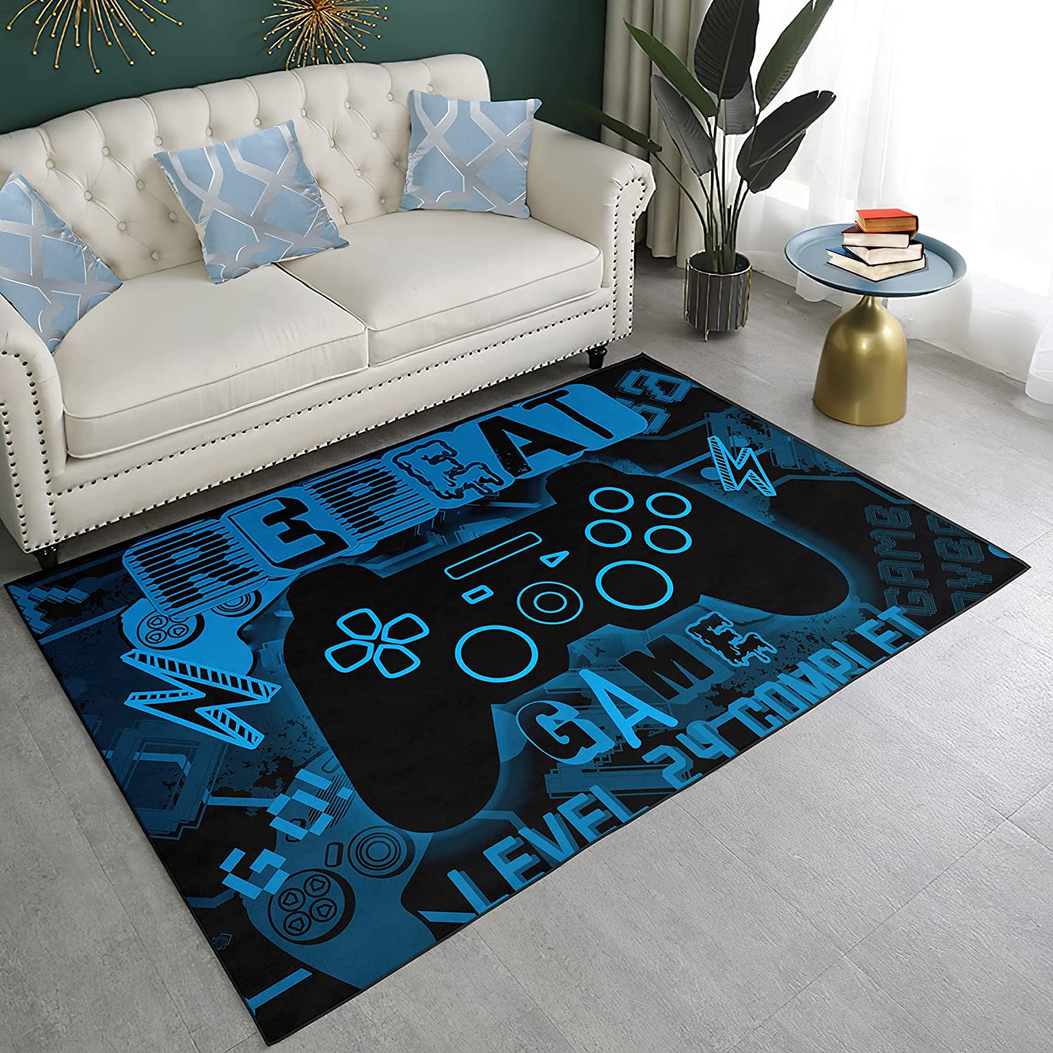 Personalized Gamer Rugs - Black and Blue Outdoor Carpet with Video Game Level Up Floor Rugs and Gaming Decor - Image 2