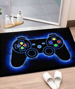 Personalized Gaming Area Rug for Living Room and Bedroom | Customize Name or Sentence on Black Gamepad Blue Floor Rug