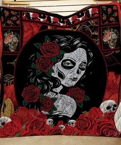 Personalized Girl Skull Red Rose Quilt Bedding Set for Home Decor and Family Gifts